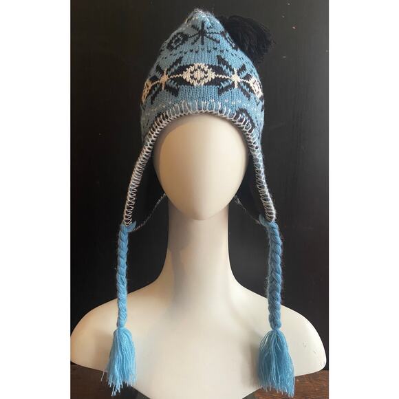 Blue/Black/White Fleece Lined Winter Beanie w/Tassels sz OS (Unisex) - Picture 1 of 7